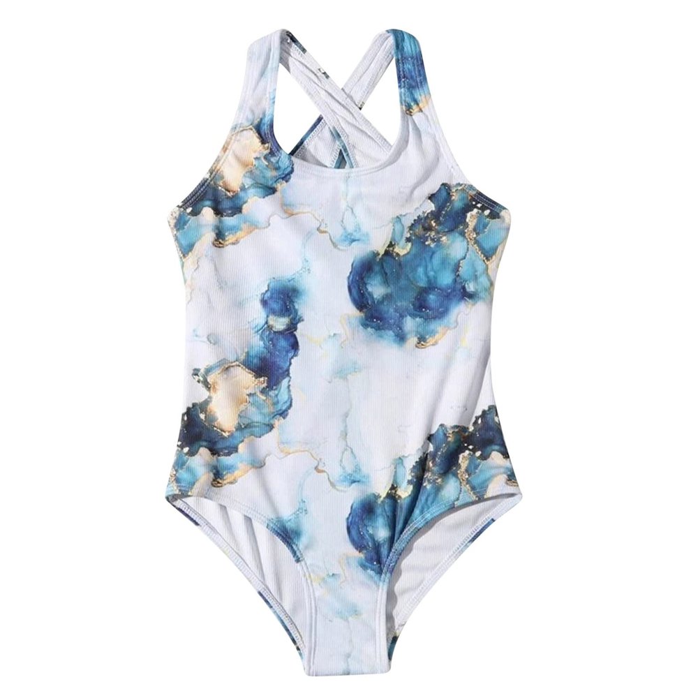 AnFeng Swimsuit Young Women Summer Crisscross Cute Print Swimsuit Floral The Stone Conjoined Printing Girls Girls Swimwear (Blue, 8 Years)