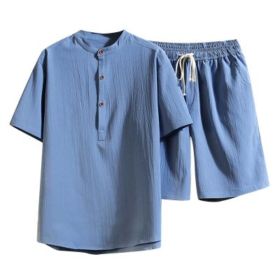 Men's Tracksuits 2 Pieces Linen Short Sets Activewear Casual Oufit Short Sleeve Short Leg Athletic Set Summer Pj Sets Blue
