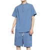 Men's Tracksuits 2 Pieces Linen Short Sets Activewear Casual Oufit Short Sleeve Short Leg Athletic Set Summer Pj Sets Blue view 3