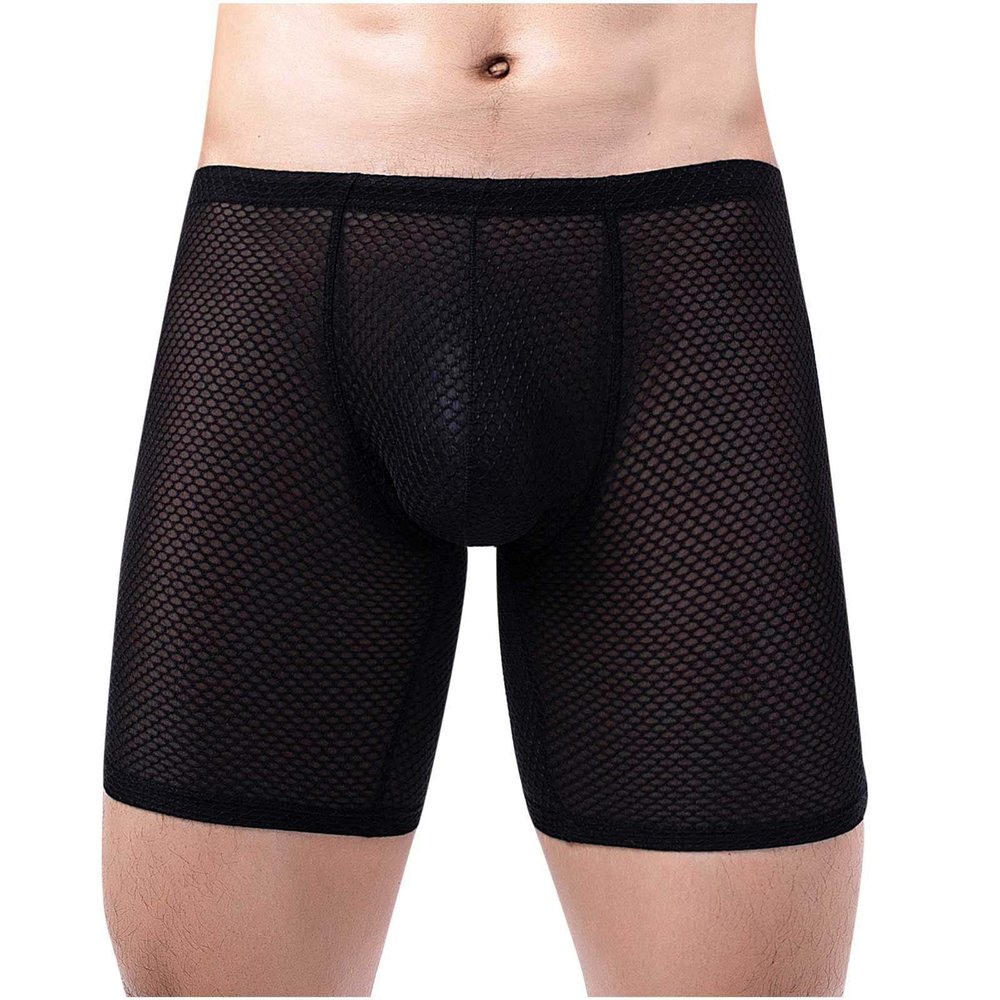 Ctreela Men's Mesh Long Boxer Briefs Sexy Breathable Underwear See-Through Trunks Low Rise Knickers Fishnet Panties Black