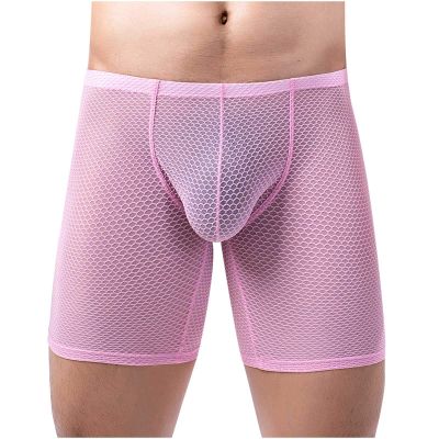 Ctreela Men's Mesh Long Boxer Briefs Sexy Breathable Underwear See-Through Trunks Low Rise Knickers Fishnet Panties Pink