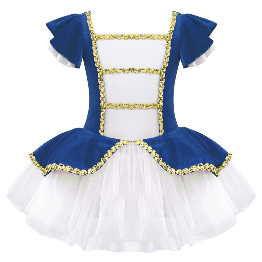 Yihuimin Kids Girls Ringmaster Christmas Show Dancewear Ruffles Sleeve Tank Leotard Tutu Majorette Dress Royal Blue 16 Years
