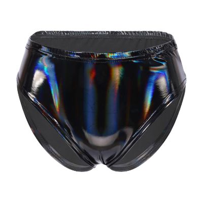 QinCiao Women's Shiny Latex Wet Look Booty Shorts High Waisted Zipper Crotch Cheeky Hot Pants Shiny Black A XX-Large