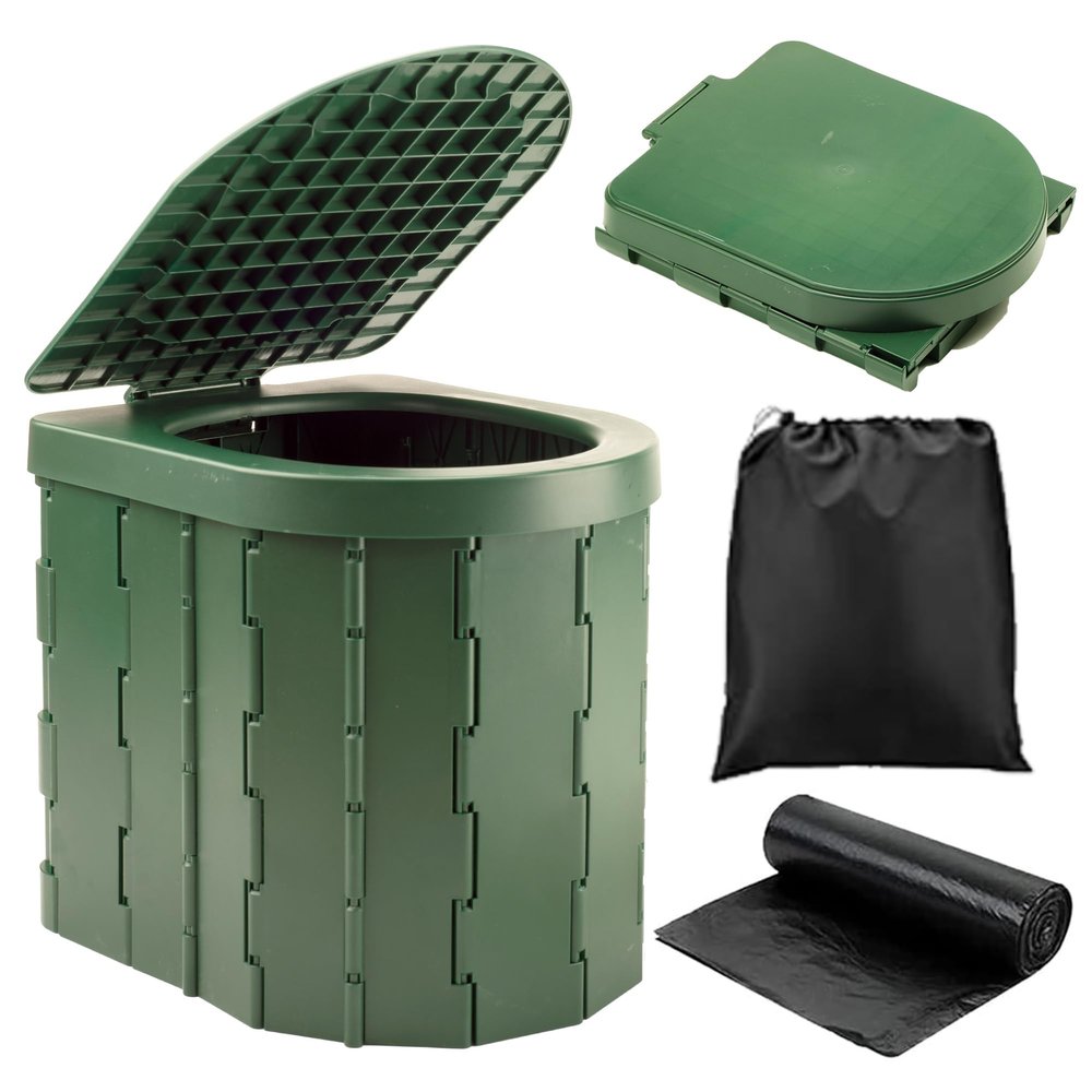 KINSPORY Camping Toilet, Portable Toilet for Adults & Kids, Foldable Potty & Outdoor Emergency Sanitation Products, Trash Can, Stool for Car Truck Camping Travel Hiking Fishing Long Trips (Green)