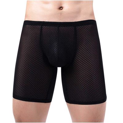 Ctreela Men's Mesh Long Boxer Briefs Sexy Breathable Underwear See-Through Trunks Low Rise Knickers Fishnet Panties Black