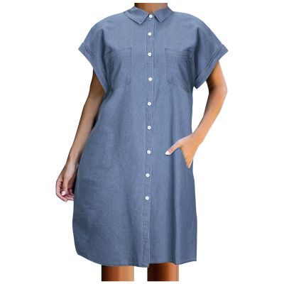 NaRHbrg Summer Denim Dress for Womens Cap Sleeveless Jean Shirt Dresses Juniors Loose Button Down Long Tunic Tops