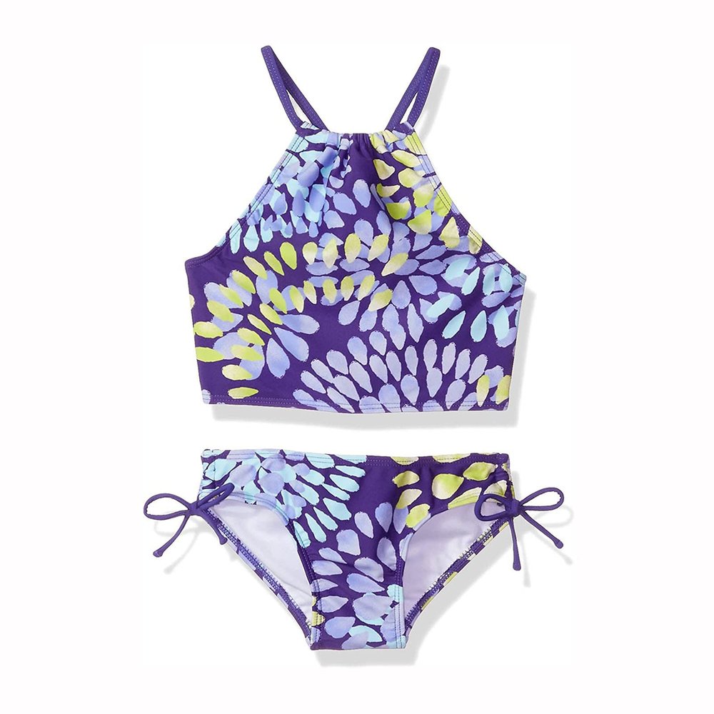 AnFeng Girls Two Pieces Bikini Set Sun Protection Swimsuit Top Bikini Bottoms Swimming Suit Ruffle Swimwear Bathing Suits (Purple, 8 Years)