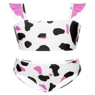 Loloda Toddler Little Girls Cow Print 2 Piece Tankini Set Swimsuit Flutter Sleeve Bandeau with Bottoms Pink 5-6 Years