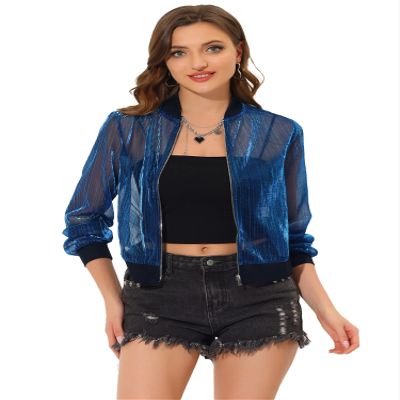 Allegra K Glitter Mesh Bomber Jacket for Women's Shiny Long Sleeve Party Club Zip Up Sheer Jackets X-Large Dark Blue