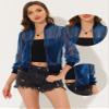 Allegra K Glitter Mesh Bomber Jacket for Women's Shiny Long Sleeve Party Club Zip Up Sheer Jackets X-Large Dark Blue view 3