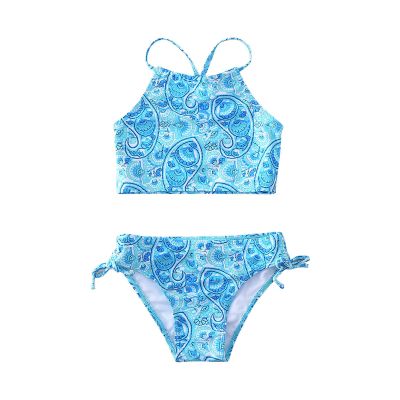 AnFeng Girls Two Pieces Bikini Set Boyshort Tankini Sleeveless Print Beach Bikini Ruffle Swimwear Bathing Suits (Sky Blue, 10 Years)