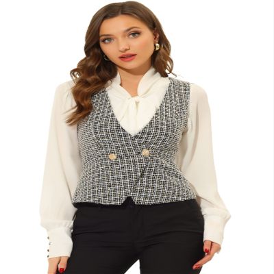 Allegra K Vintage Tweed Vest for Women's Double Breasted Sleeveless Plaid Waistcoat Jacket Medium Black