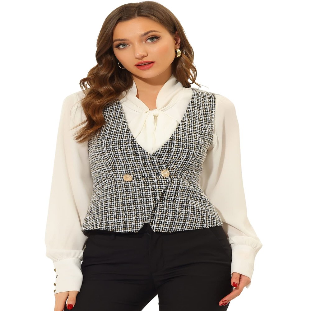Allegra K Vintage Tweed Vest for Women's Double Breasted Sleeveless Plaid Waistcoat Jacket Medium Black
