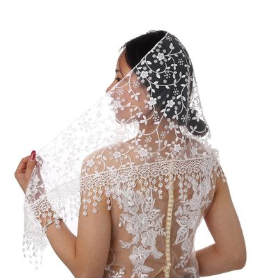 Aularso Lace Triangle Scarf Ligthweight White Floral Scarf Tassel dark Silk Shawl Mantilla Soft Tulle Embroidered Church Veil Wrap for Women (White)