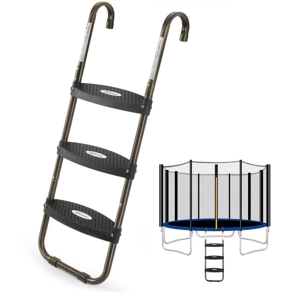 HBTower Trampoline Ladder, 3-Step Trampoline Steps with Horizontal Wide Steps, Skid-Proof Steps Universal Hook, UV Treated Steel, 220Lbs Capacity Trampoline Stairs Accessories for Kids/Children