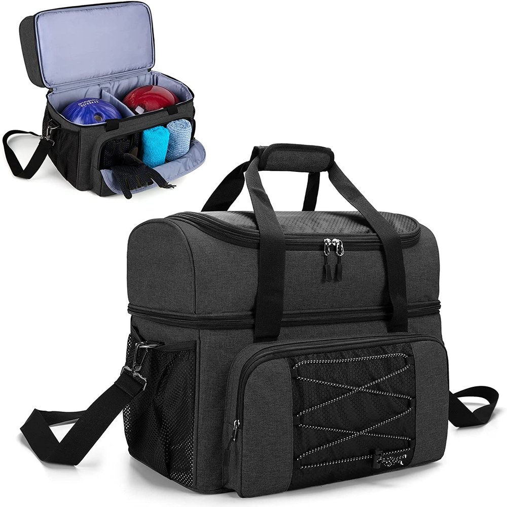 DODO DEER Bowling Bag for 2 Balls Bowling Tote with Wooden Bowling Cups and Padded Divider for Double Ball and One Pair of Bowling Shoes Up to Mens 16 and Extra Essentials, Bag Only (Black)