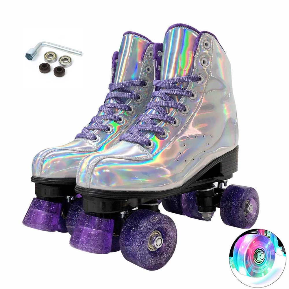 Roller Skates for Women, Holographic High Top PU Leather Rollerskates, Shiny Double-Row Four Wheels Skates Patines for Women Men Boys and Girls and Age 8-50 Indoor Outdoor (41)