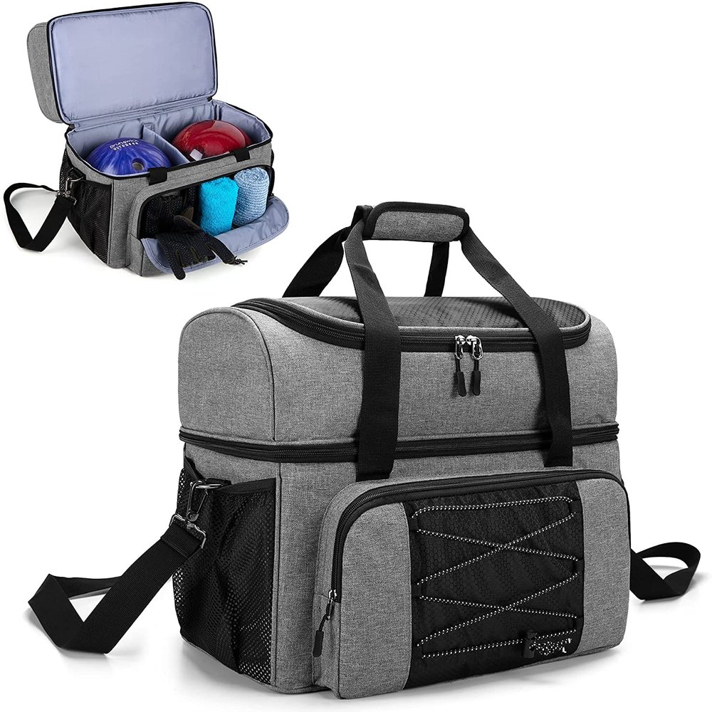 DODO DEER Bowling Bag for 2 Balls Bowling Tote with Wooden Bowling Cups and Padded Divider for Double Ball and One Pair of Bowling Shoes Up to Mens 16 and Extra Essentials, Bag Only (Grey)