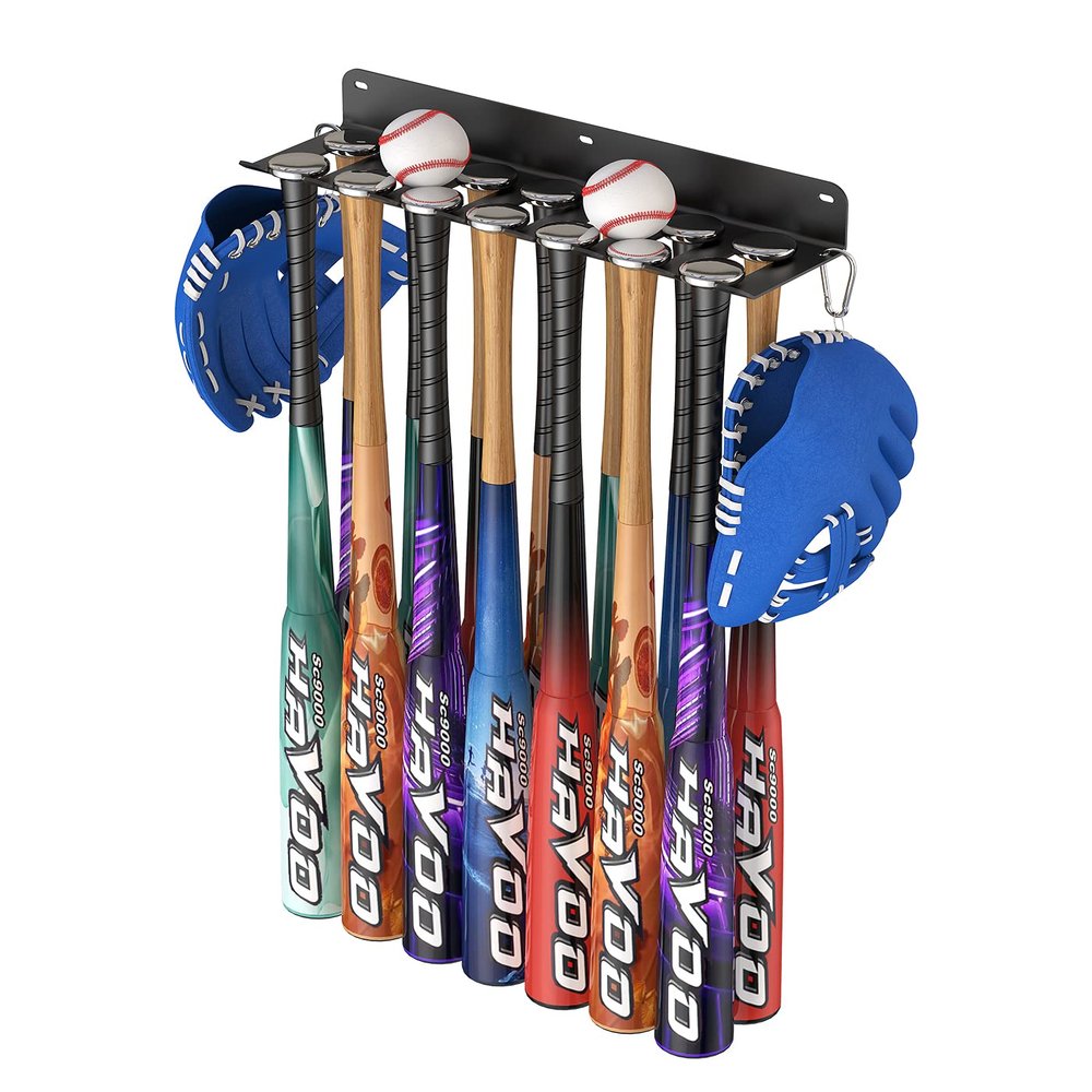 QBA Wall Mount Baseball Bat Holder, 8 Prongs Heavy Duty Metal Bat Rack, Holds 14 Bats, Bats Organizer for Dugout Fence Home Garage, Black
