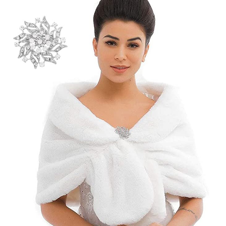 Sakytal Women's Wedding Faux Fur Wraps and Shawls Bridal Fur Stoles with Brooch for Bride