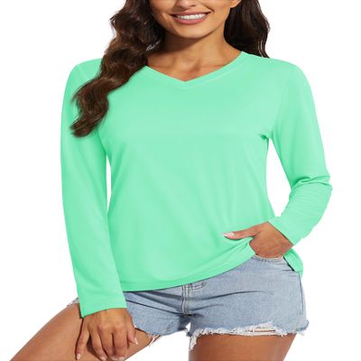 MAGCOMSEN SPF Shirts for Women Long Sleeve Workout Tops V-Neck UPF 50+ UV Sun Shirt Quick Dry Tees Swim Tops Mint Green L