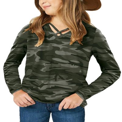 simtuor Girls Camouflage Long Sleeve Shirts V Neck Criss Cross Tops Kids Casual Loose Soft Blouse T-Shirt 4-13 Years