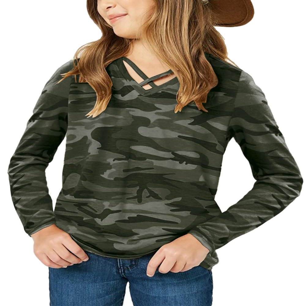 simtuor Girls Camouflage Long Sleeve Shirts V Neck Criss Cross Tops Kids Casual Loose Soft Blouse T-Shirt 4-13 Years