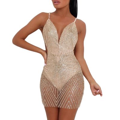 Maiyifu-GJ Women Sequin Halter Bodycon Mini Dress Sexy Spaghetti Strap Rhinestone Dresses See Through Party Nightclub Dress (Golden,Medium)