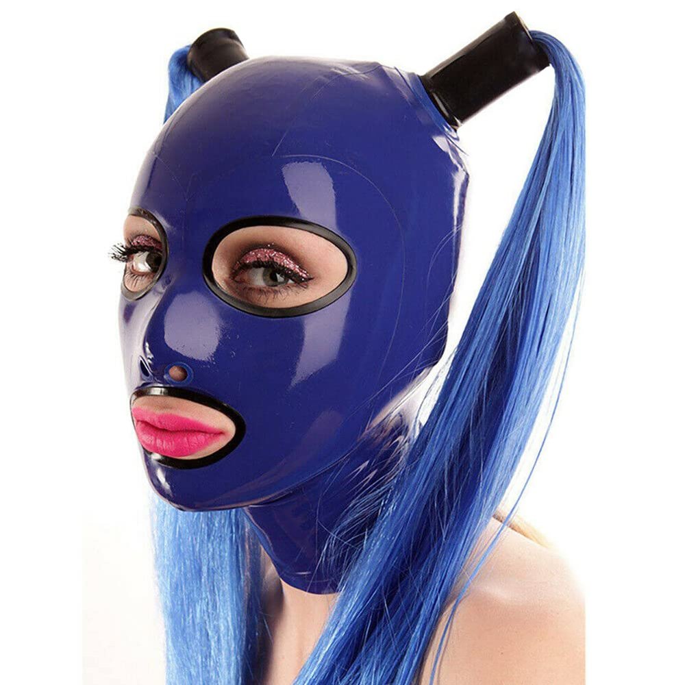 Yilen Latex Hood mask Holiday Rubber Full Face Mask Open Eyes with Double Ponytail with Wigs Latex Mask (XL, Dark blue-black trim-no wigs)