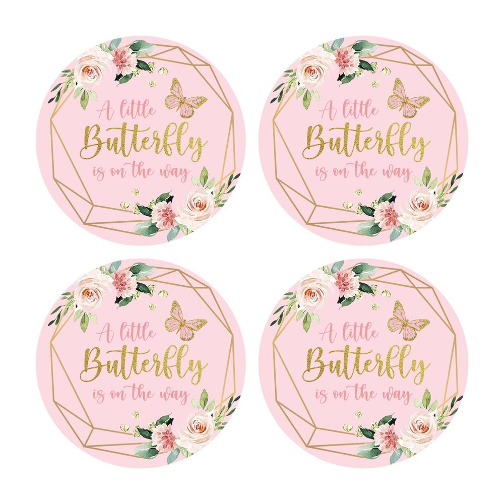 50 Count of 2" Round A Little Butterfly is On The Way Stickers Butterfly Stickers for Baby Shower Party Girls Birthday Party