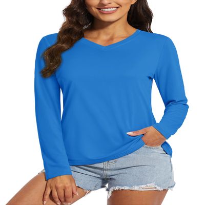 MAGCOMSEN SPF Shirts for Women Long Sleeve Sun Protection Moisture Wicking Shirts V Neck Going Out Tops Blue Green, XL