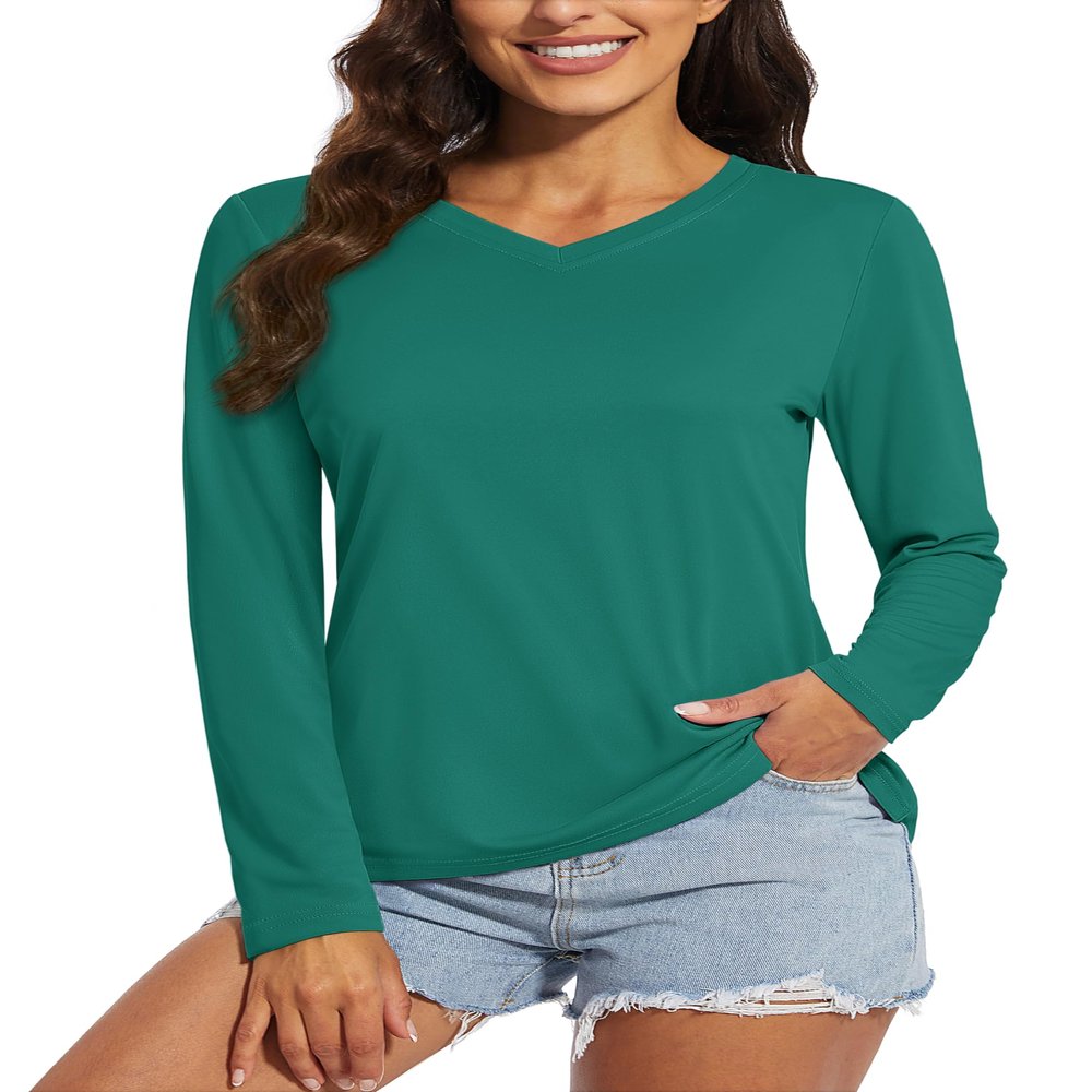 MAGCOMSEN SPF Shirts for Women Long Sleeve Workout Tops V-Neck UPF 50+ UV Sun Shirt Quick Dry Tees Swim Tops Emerald Green L