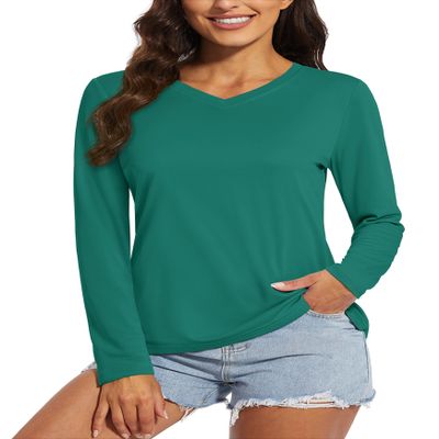 MAGCOMSEN SPF Shirts for Women Long Sleeve Workout Tops V-Neck UPF 50+ UV Sun Shirt Quick Dry Tees Swim Tops Emerald Green 2XL