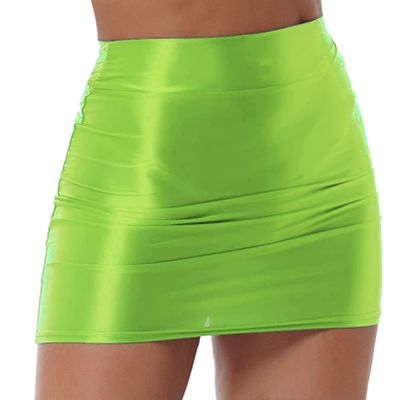 Sxiwei Womens Glossy Shiny High Waist Bodycon Pencil Skirt Dress Knee Length Night Club Party Skirt Fluorescent Green X-Large