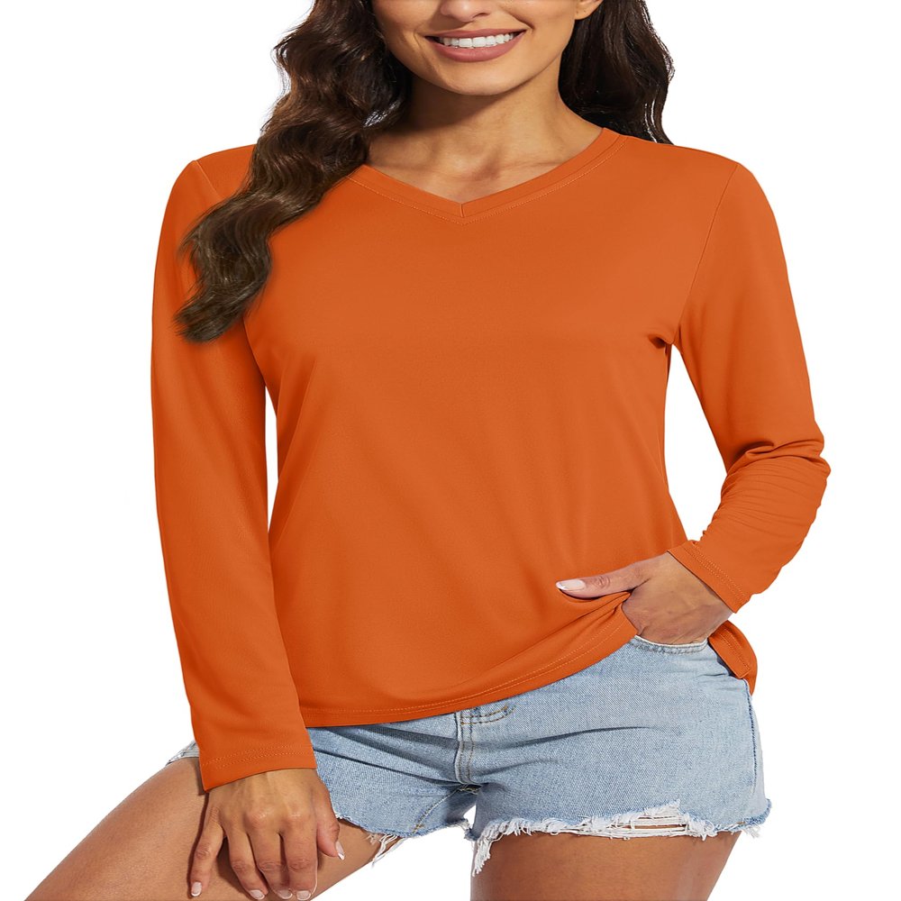 MAGCOMSEN Rashguard Tops for Women Dry Fit Long Sleeve Top UPF 50+ Sun Protection Breathable UV Shirts Dark Orange, XL
