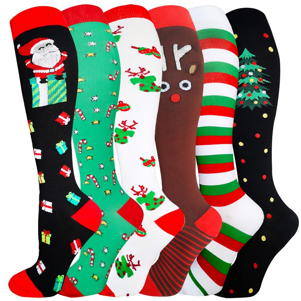 6 Pairs Christmas Series Compression Socks for Men & Women 20-30 mmHg Graduated Compression Stockings for Batman Elf Halloween Holiday Xmas Easter Valentine Gifts Presents(Christmas Series,L-XL)