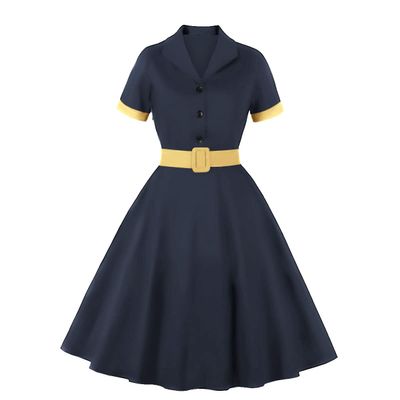1950 Women Notched Lapel Collar Dress Short Sleeve Midi Shirt Dress Teen Girls Vintage Style Cocktail Dress with Belt 40s 50s Buttons Up Audrey Hepburn Rockabilly Prom Dress Navy X-Large