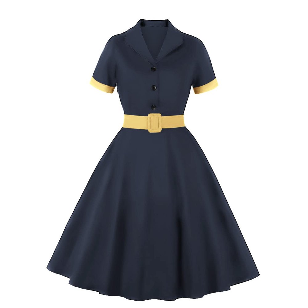 1950 Women Notched Lapel Collar Dress Short Sleeve Midi Shirt Dress Teen Girls Vintage Style Cocktail Dress with Belt 40s 50s Buttons Up Audrey Hepburn Rockabilly Prom Dress Navy X-Large
