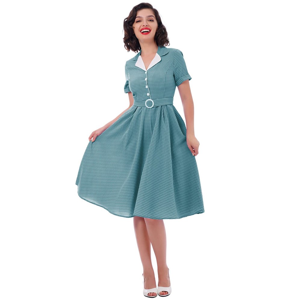 1950s Notched Lapel Collar Gingham Swing Dress 50s 60s Vintage Plaid Tea Party Dress Short Sleeve V-Neck Buttons 1950s Audrey Hepburn Midi Shirt Dress with Belt Teal Plaid Large