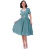 1950s Notched Lapel Collar Gingham Swing Dress 50s 60s Vintage Plaid Tea Party Dress Short Sleeve V-Neck Buttons 1950s Audrey Hepburn Midi Shirt Dress with Belt Teal Plaid Large view 1