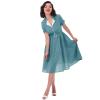 1950s Notched Lapel Collar Gingham Swing Dress 50s 60s Vintage Plaid Tea Party Dress Short Sleeve V-Neck Buttons 1950s Audrey Hepburn Midi Shirt Dress with Belt Teal Plaid Large view 4
