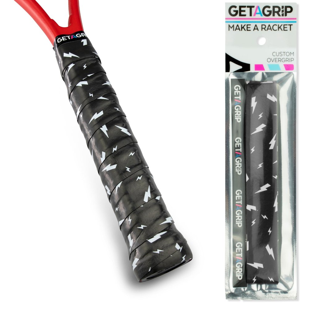 Get A Grip - Custom Tennis Racket Grip Tape - Anti-Slip/Quick-Drying Tennis Overgrips - Precut Badminton Racket Grip with Finishing Tape (Charged Up (Black), 1 Grip)