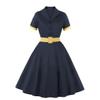1950 Women Notched Lapel Collar Dress Short Sleeve Midi Shirt Dress Teen Girls Vintage Style Cocktail Dress with Belt 40s 50s Buttons Up Audrey Hepburn Rockabilly Prom Dress Navy Large