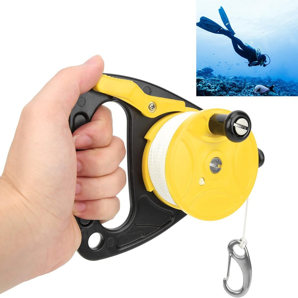 150ft Scuba Dive Reel Kayak Anchor with Thumb Stopper , Scuba Ratchet Dive Reel with Handle Stop Switch for Cave , Wreck , Drift Diving , Kayak(Yellow)