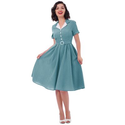 1950s Notched Lapel Collar Gingham Swing Dress 50s 60s Vintage Plaid Tea Party Dress Short Sleeve V-Neck Buttons 1950s Audrey Hepburn Midi Shirt Dress with Belt Teal Plaid X-Large