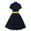 1950 Women Notched Lapel Collar Dress Short Sleeve Midi Shirt Dress Teen Girls Vintage Style Cocktail Dress with Belt 40s 50s Buttons Up Audrey Hepburn Rockabilly Prom Dress Navy Medium view 2