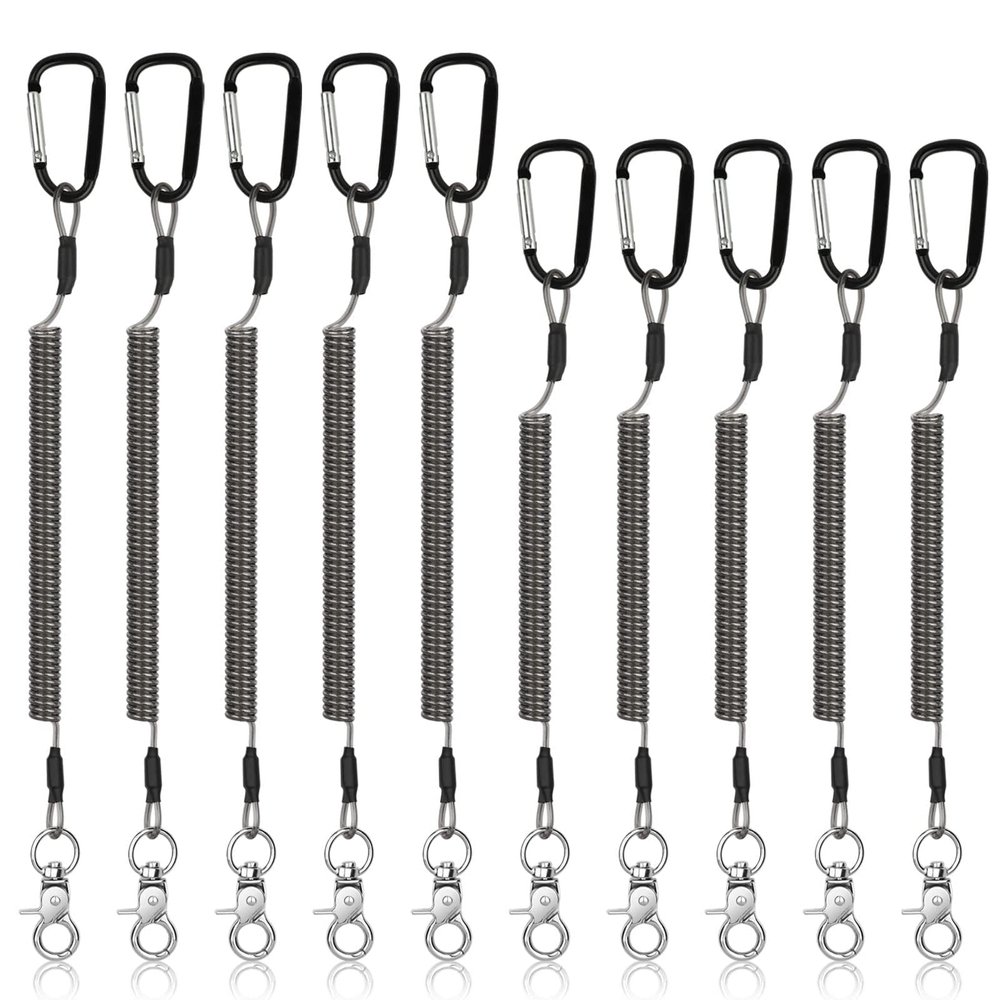 TSV 10PCS Fishing Lanyards, Retractable Fishing Tool Coiled Lanyard with Carabiner Keychain, 2 Sizes Leash Tether for Pliers Kayak