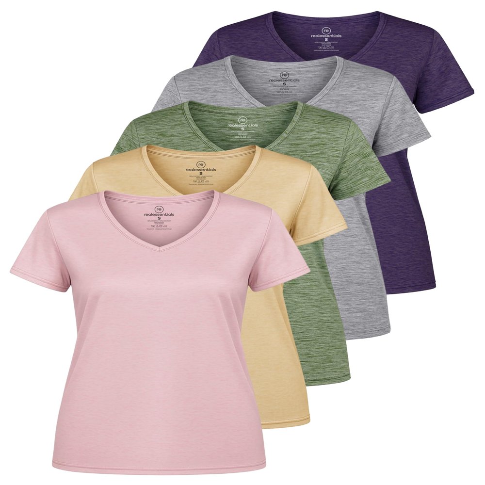 Real Essentials 5 Pack: Women's Dry Fit Short Sleeve V Neck Workout Top - Fitness Pilates Gym Athletic Yoga T-Shirt (Plus Available), Set 14, XXL