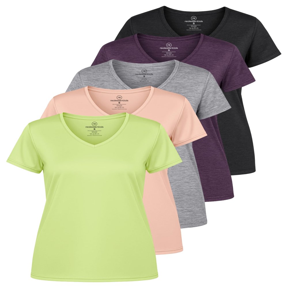 Real Essentials 5 Pack: Women's Dry-Fit Short Sleeve V Neck T Shirt Workout Fitness Yoga Top Tee, Set 11, L