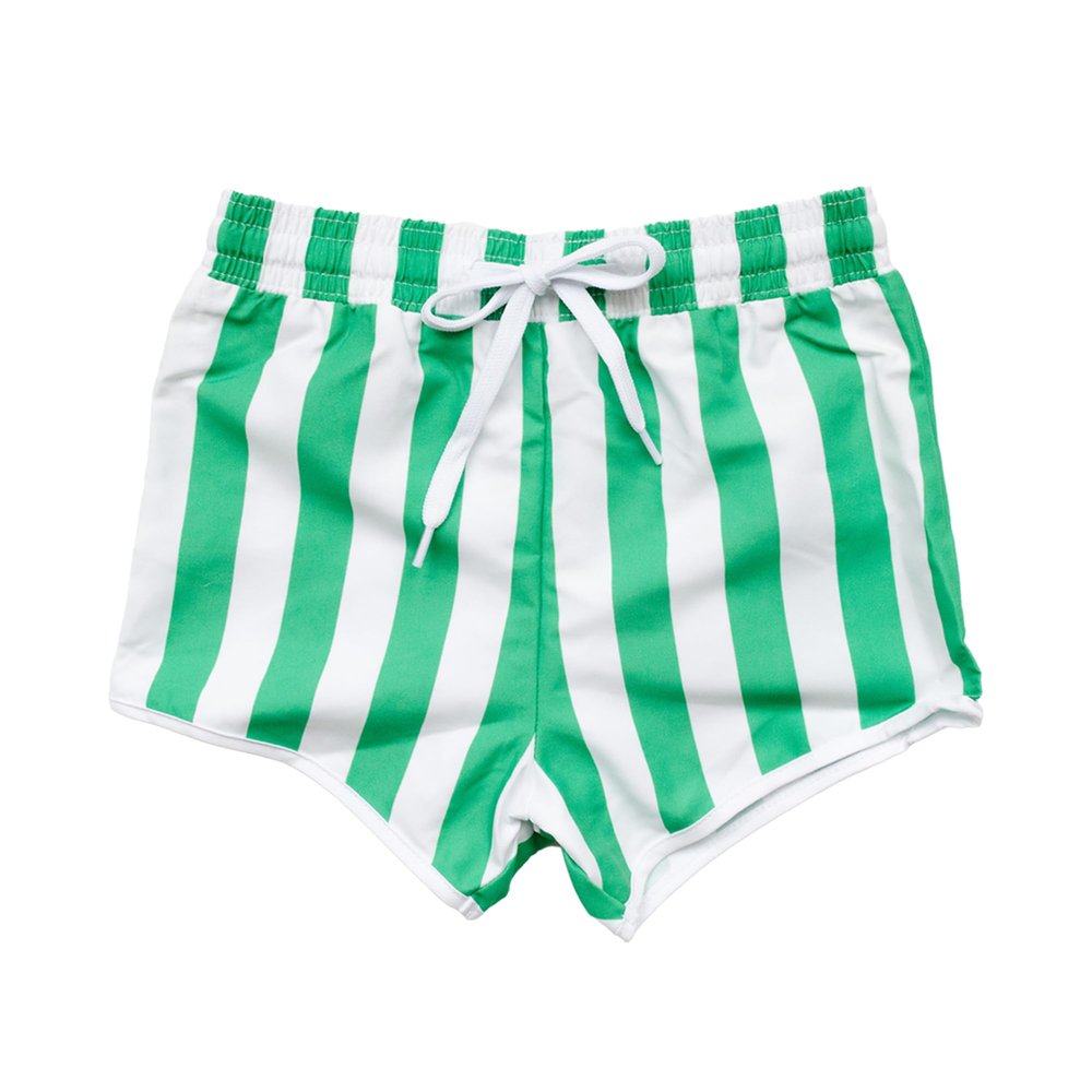 Sisterly Market - Toddler Swim Shorts, Kids/Baby Swimsuit Swimsuit with Stretchy Spandex Liner and Breathable Outer Microfiber Fabric, Baby Boy Bathing Suit Ages 6 to 18 Month, Green Stripes